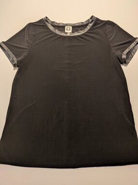 Anne Klein Satin Trim Blouse Black Short Sleeve Button Back Women’s M